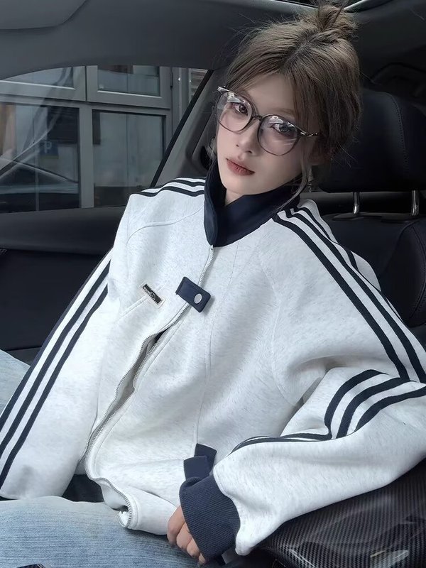藏青色美式复古卫衣外套男款秋季学院风高级感撞色条纹立领棒球服|undefined
