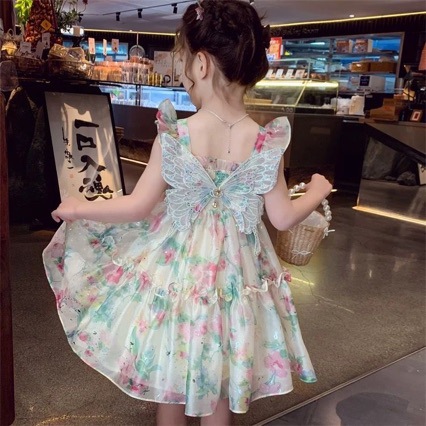 Girls' Summer Dress 2026 New Trendy Children's Internet Celebrity Style Suspender Dress with Small Flutter Sleeves and Floral Princess Dress
