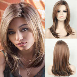 厂家批发欧美女长直发 亚马逊新款棕色挑染假发气质化纤假发头套