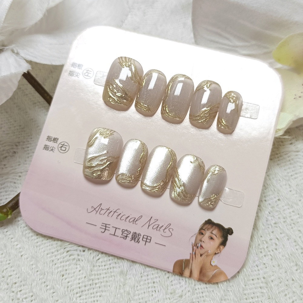 10 piezas de uñas postizas hechas a mano, nuevo estilo de uñas postizas con purpurina dorada, puntas de uñas 3D cortas con efecto ojo de gato. image 3