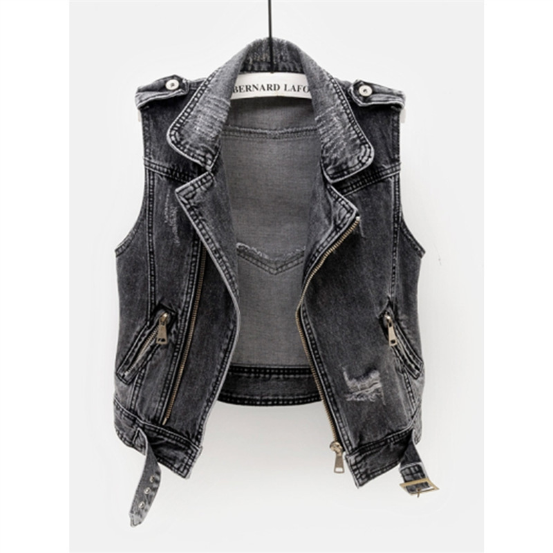 Women's Denim Vest 2025 New Short Versatile Ripped Zipper Biker Jacket Sleeveless Spring and Autumn Trendy Coat