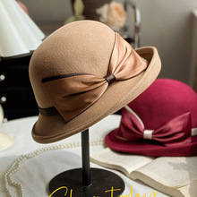 渔夫帽女秋冬纯羊毛拼色大蝴蝶结不规则礼帽专柜品质优雅气质盆帽