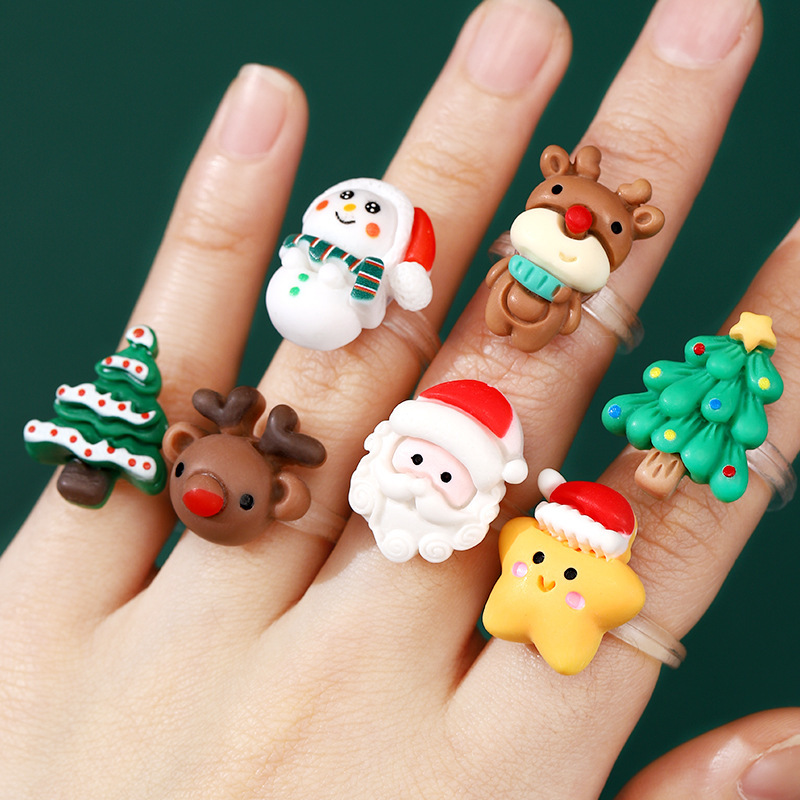 Christmas Personality Cute Cartoon Ring Santa Elk Snowman Resin Ring Joker Accessories Women Wholesale