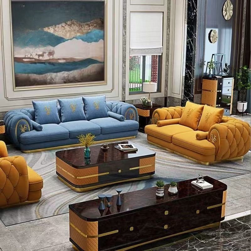 Italian-Style Light Luxury Villa Living Room Set 123 Large-Sized Genuine Leather Straight Sofa Hong Kong-Style Internet Celebrity High-End Leather Sofa
