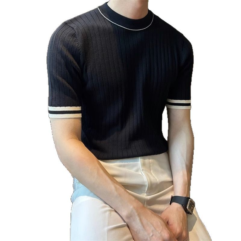 Verano nuevo estilo suéter de manga corta hombres a juego rayas delgado negocios seda de hielo camiseta transpirable comercio exterior al por mayor transfronterizo