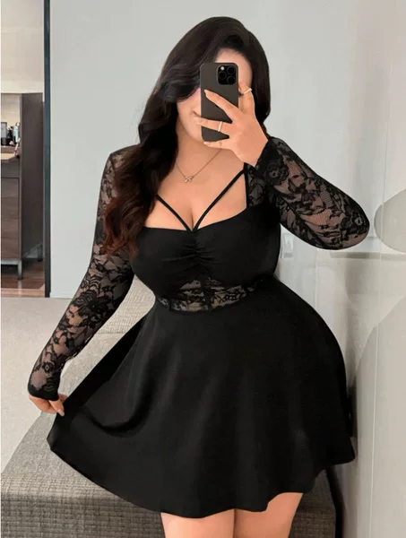 European and American Cross-Border Women's Clothing Spring and Summer Solid Color Lace Patchwork Sexy A-Line Square Neck Long Sleeve Elegant Vacation Dress