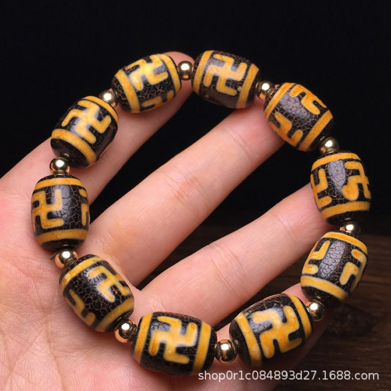 西藏老坑皮玛瑙火供龟裂纹桶珠万字天珠手串牙黄三眼天珠虎牙手链