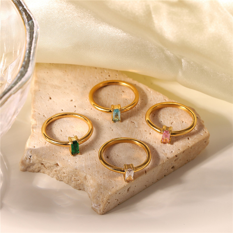 Brand small design rectangular ring stainless steel with zircon