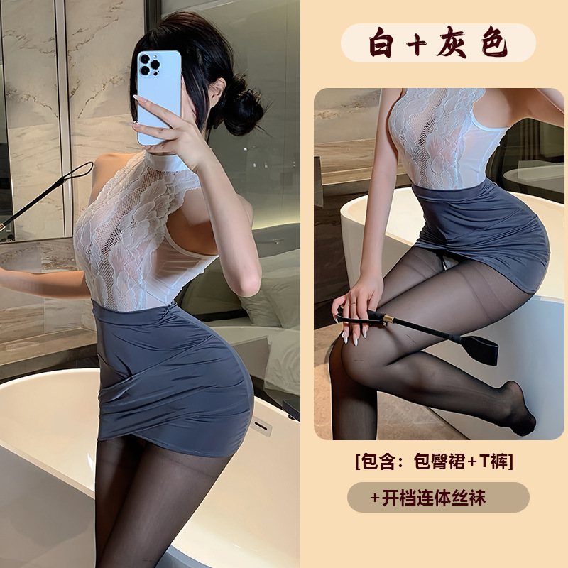 Белый + серый [платье + стринги] + черные носки с вырезом