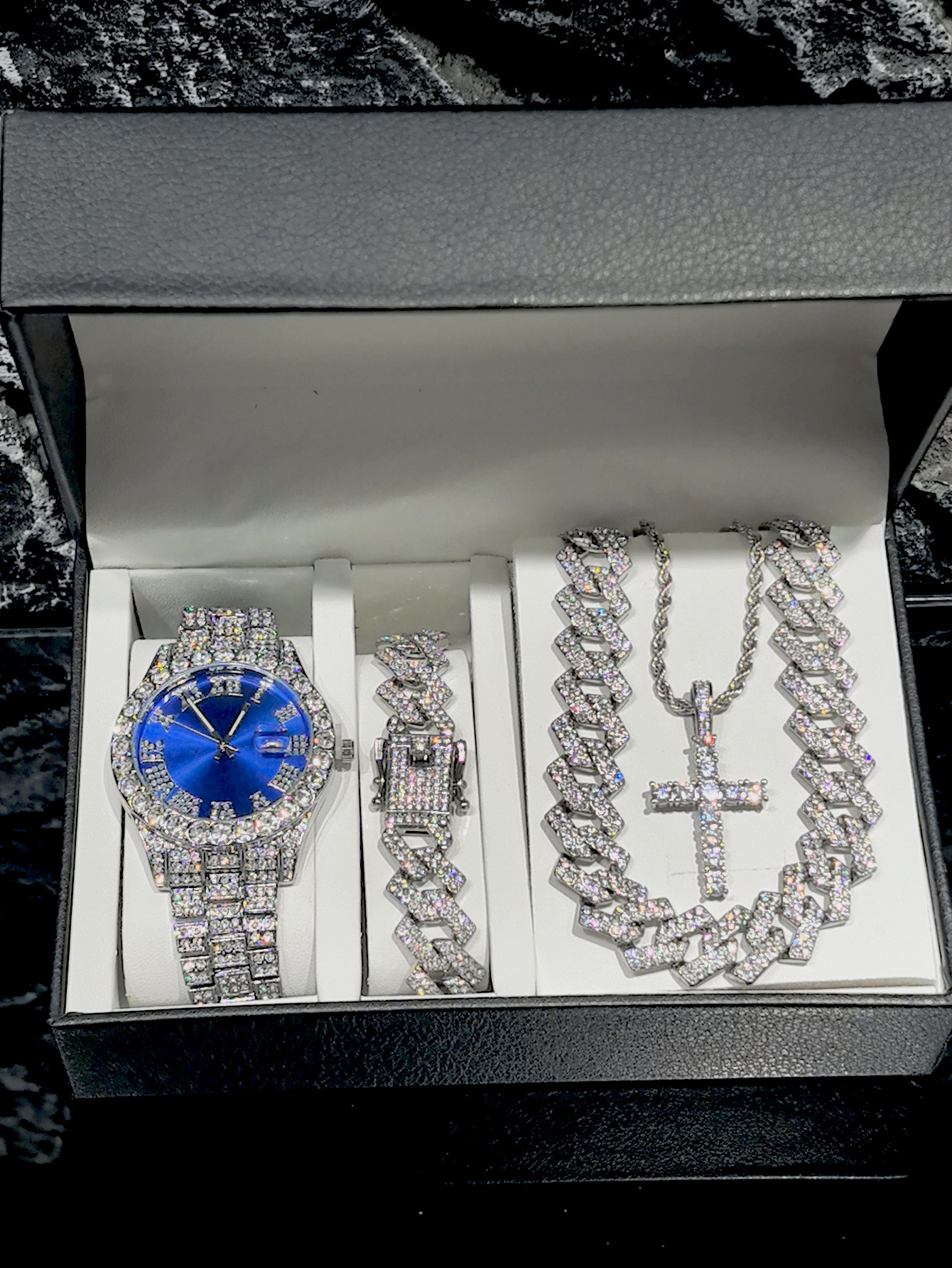 Aleación Hip Hop Diamond Reloj romano Juego de pulsera cubana Calendario de aleación de zinc Reloj de cuarzo wristwatches