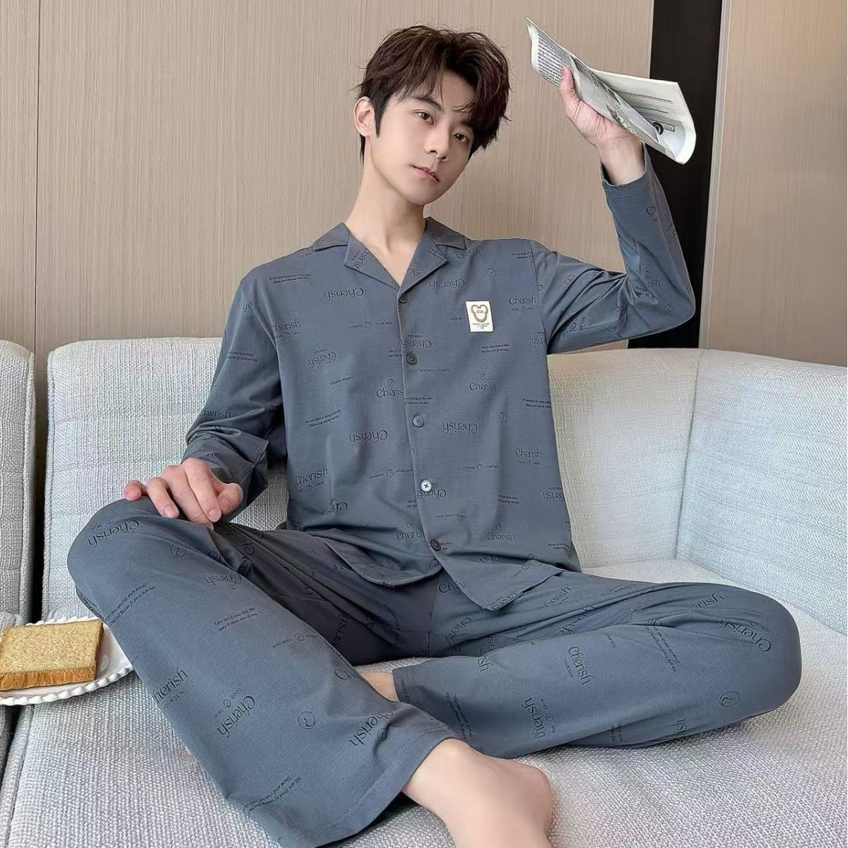 2025 Men's Pajamas Autumn and Winter 95 Cool Cotton Pure Cotton Long Sleeve Suit Spring and Autumn Men's Home Clothing Fashion New Style