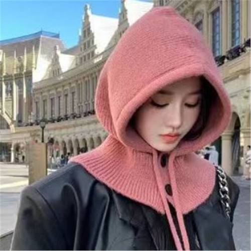 Korean Baraklava Hat for Children Women Winter Fashion Hooded Neck Scarf Integrated Ear Protection Knit Hat Korean Style Woolen Hat