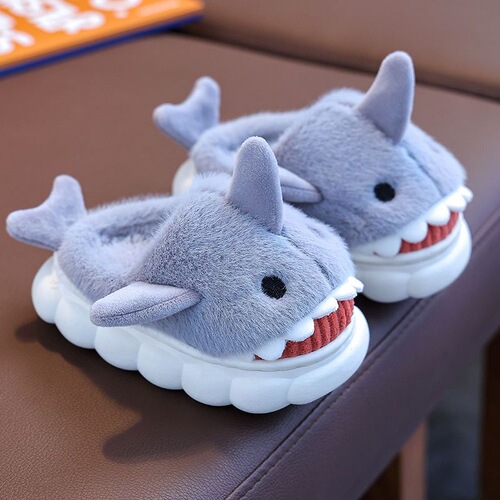 Children's cotton slippers are waterproof in autumn and winter, home indoor non-slip for boys, cute shark babies, children's fluffy shoes