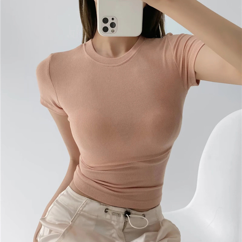 Basic simple solid color round neck short sleeve T-shirt summer new fashion slim fit slimming versatile bottoming top for women