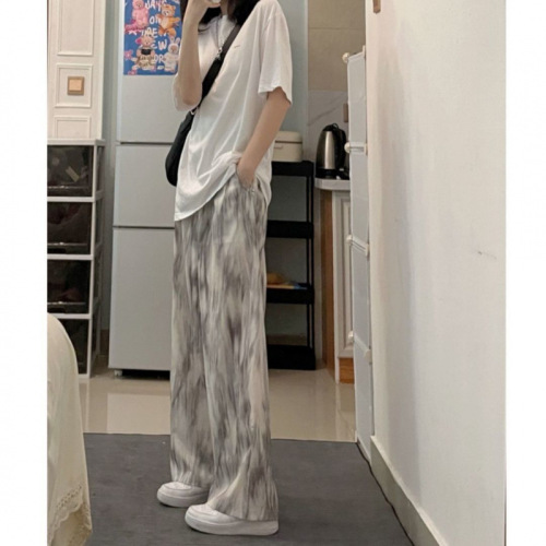 Women's Summer Thin Design High-Waisted Loose Ice Silk Gradient Straight Leg Pants