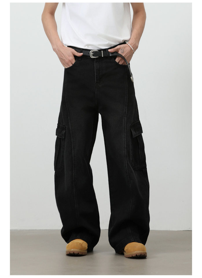 Quần jean nam ống rộng baggy phong cách retro Mỹ, nhiều túi khóa kéo, lưng giữa eo — màu xám đen chi tiết 19