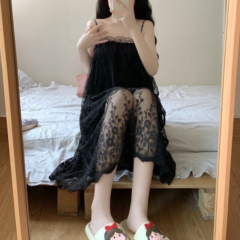 睡裙女夏季短袖法式宫廷风蕾丝薄款性感吊带网纱睡衣纯欲风家居服