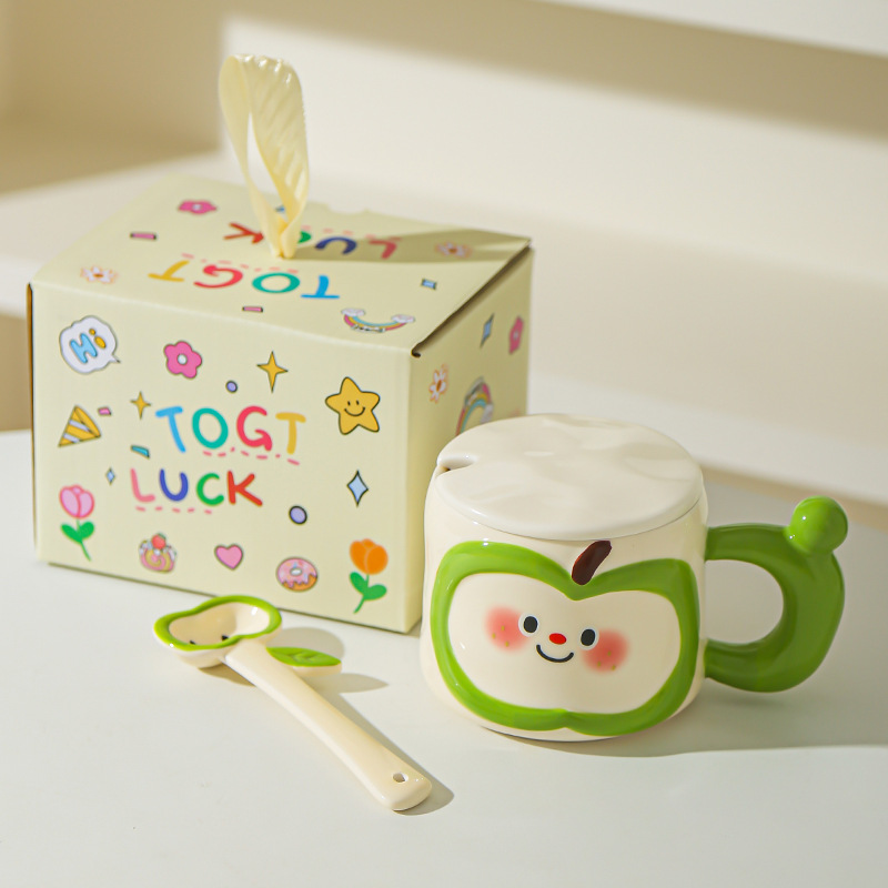 Regalos de cumpleaños creativos lindos tazas de agua de manzana de alto valor facial taza de cerámica con cubierta cuchara práctica acompañante caja de regalo