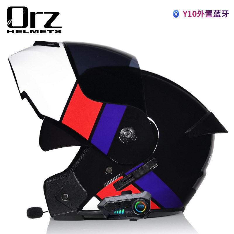 Orz 전기 자동차 헬멧 노출 헬멧 더블 렌즈 남성 및 여성용 오토바이 라이딩 레이스 풀 헬멧 사계절 블루투스