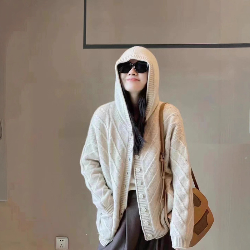 European New Style Loose and Lazy Style Hooded Wool Knit Cardigan for Women, Autumn and Winter Thickened Hoodie Jacket, Soft Outerwear
