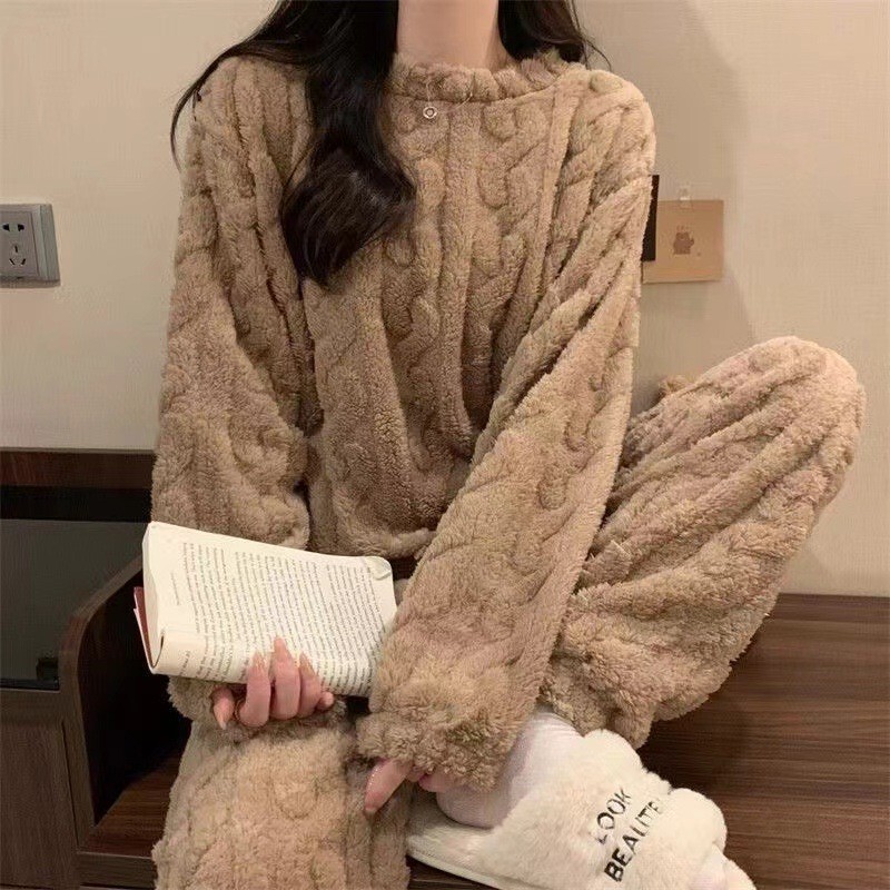 秋冬款珊瑚绒提花套装睡衣家居服女加绒加厚保暖套装长袖长裤套装|undefined