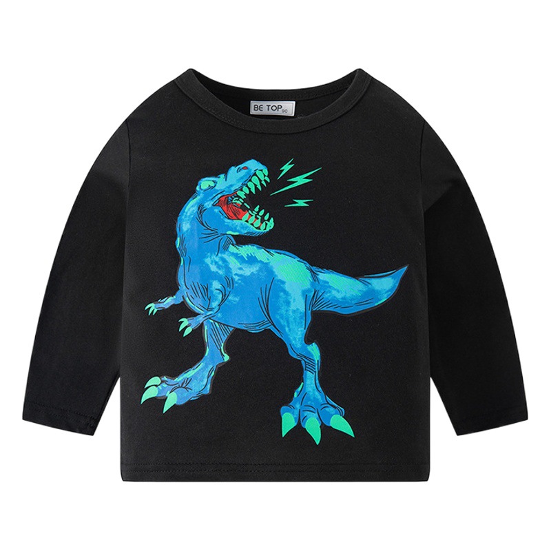 Camiseta de algodón de los niños de dinosaurio de dibujos animados de los niños superiores camisa de manga larga para niños otoño camisa de fondo de cuello redondo para niños