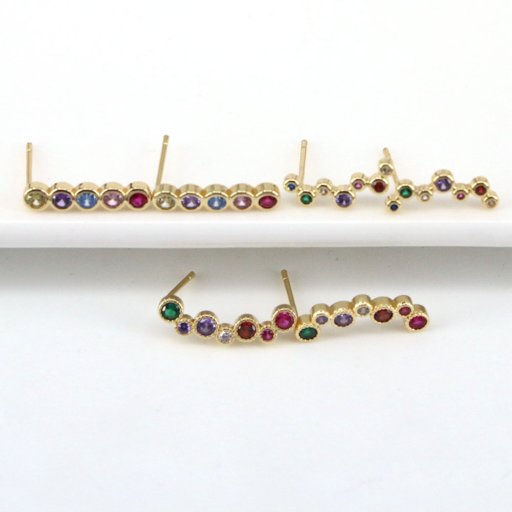 European And American One-shaped Micro-inlaid Color Zircon Copper Earrings display picture 4