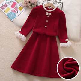 欧棉绒复银狐绒女童加绒新年套红色拜年服女大童冬装两件套