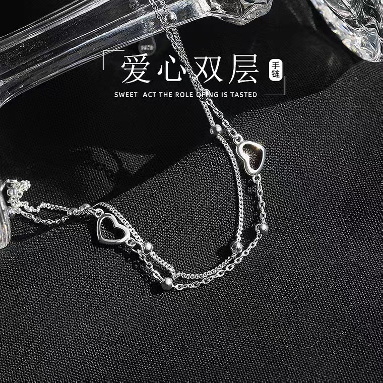 S925 pulsera de amor de doble capa de plata esterlina temperamento simple novias cuentas redondas pulsera de alta calidad japonesa y coreana joyería de plata en forma de corazón
