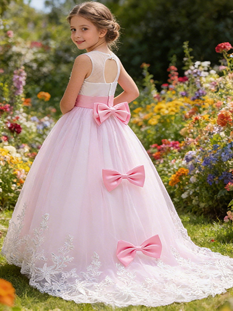 Vestido de noche formal para niñas, estilo princesa, con malla, encaje y pedrería, cola larga, transfronterizo.