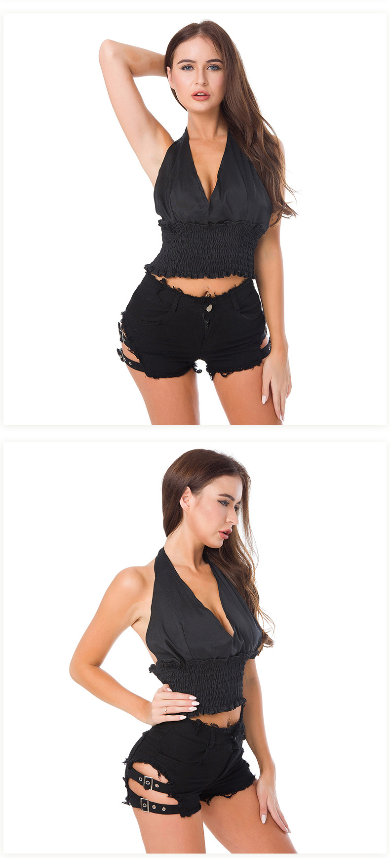 high waist letter ripped holes thin denim shorts NSML64120