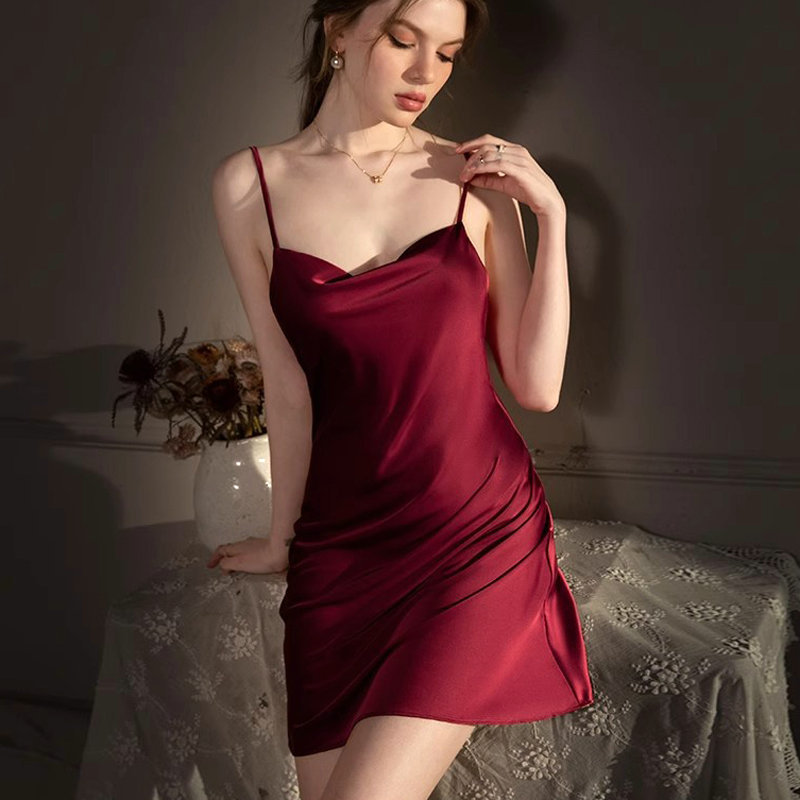 SKU图_锻面丝绸睡裙-酒红色