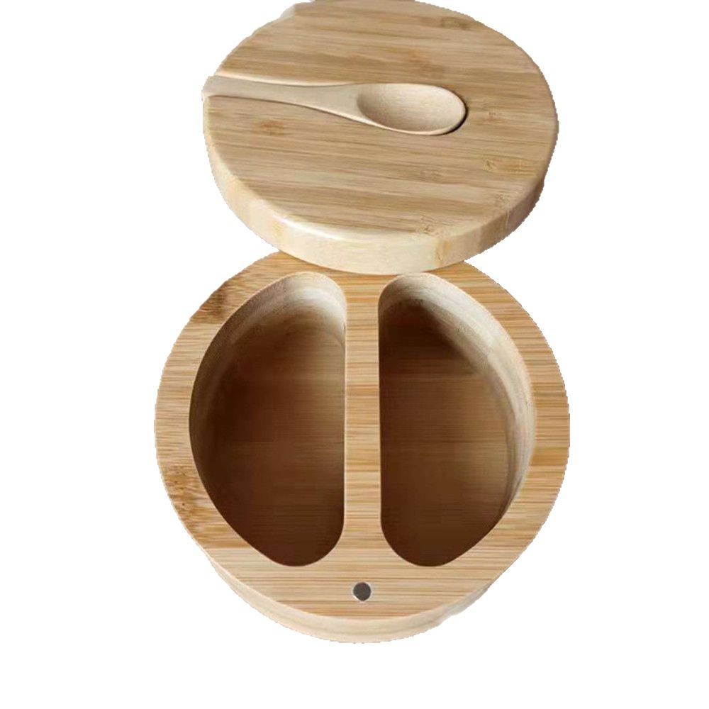 Bambú tarro de condimento caja de condimento de doble enrejado sal tarro tapa con cuchara de almacenamiento de fábrica venta al por mayor botella de almacenamiento de cocina
