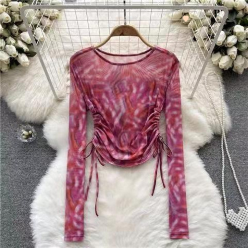 Water-based Ink Print Tie-Dye Women's Summer New Round Neck Adjustable Rope Tied Pleated Fitted Long Sleeve Top