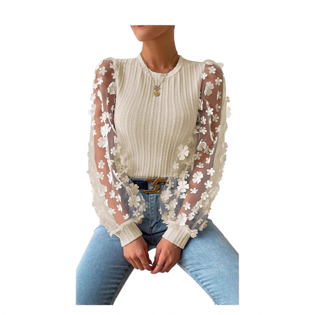 Camicetta in chiffon a fiori scollo rotondo maniche lunghe_voghion.com