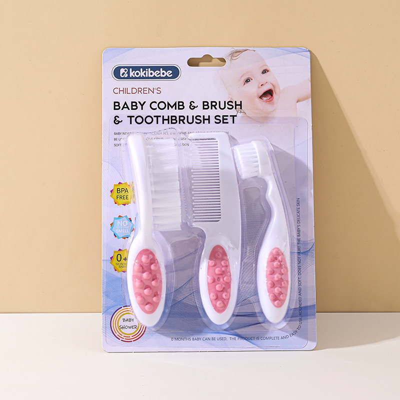 Paquete de exportación en inglés, champú para bebés, baño, juego de cepillos, limpieza bucal, combinación de cepillo de dientes de cabello suave de cabeza pequeña