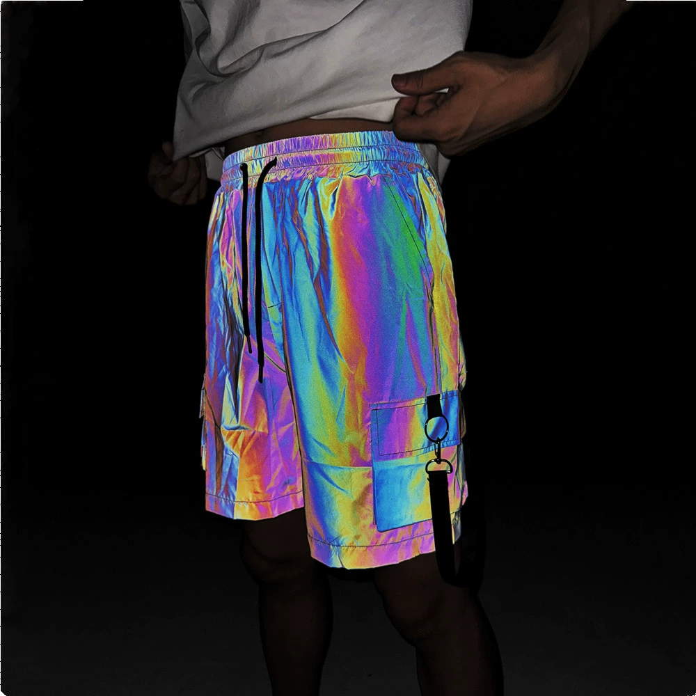 2025 Летние красочные светоотражающие шорты для мужчин прилив хип-хоп европейские и американские уличные свободные прямые повседневные укороченные брюки
