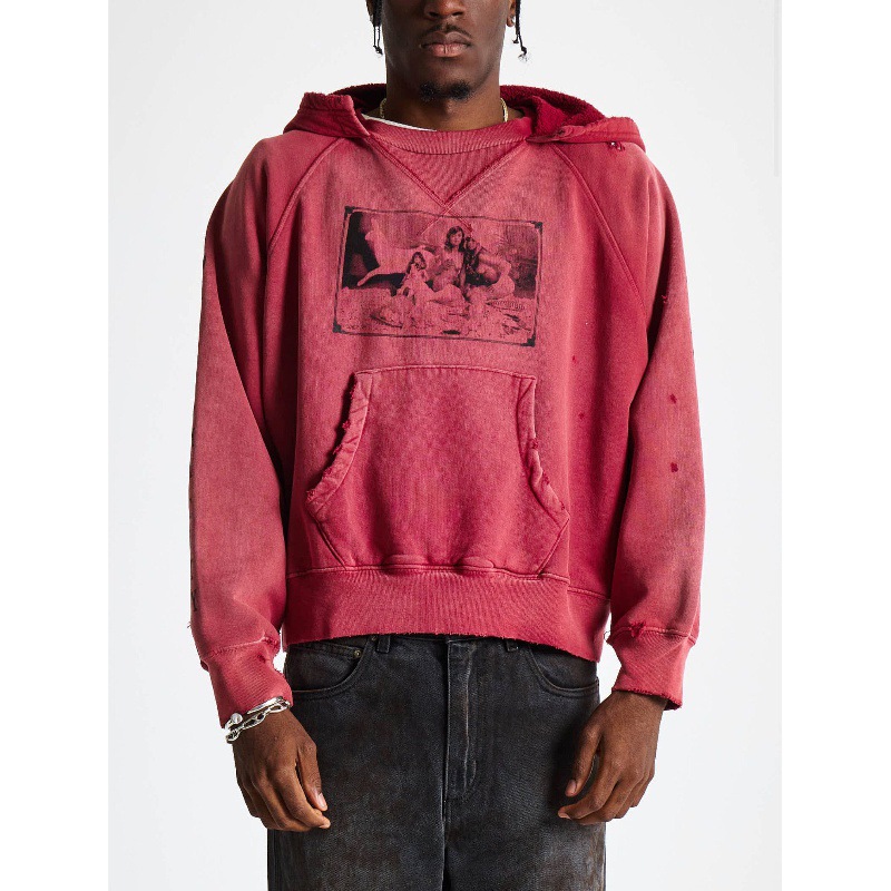 ERD melancholic, wealthy second-generation American retro washed and distressed hooded sweatshirt, unisex, loose fit, with ripped details and long sleeves