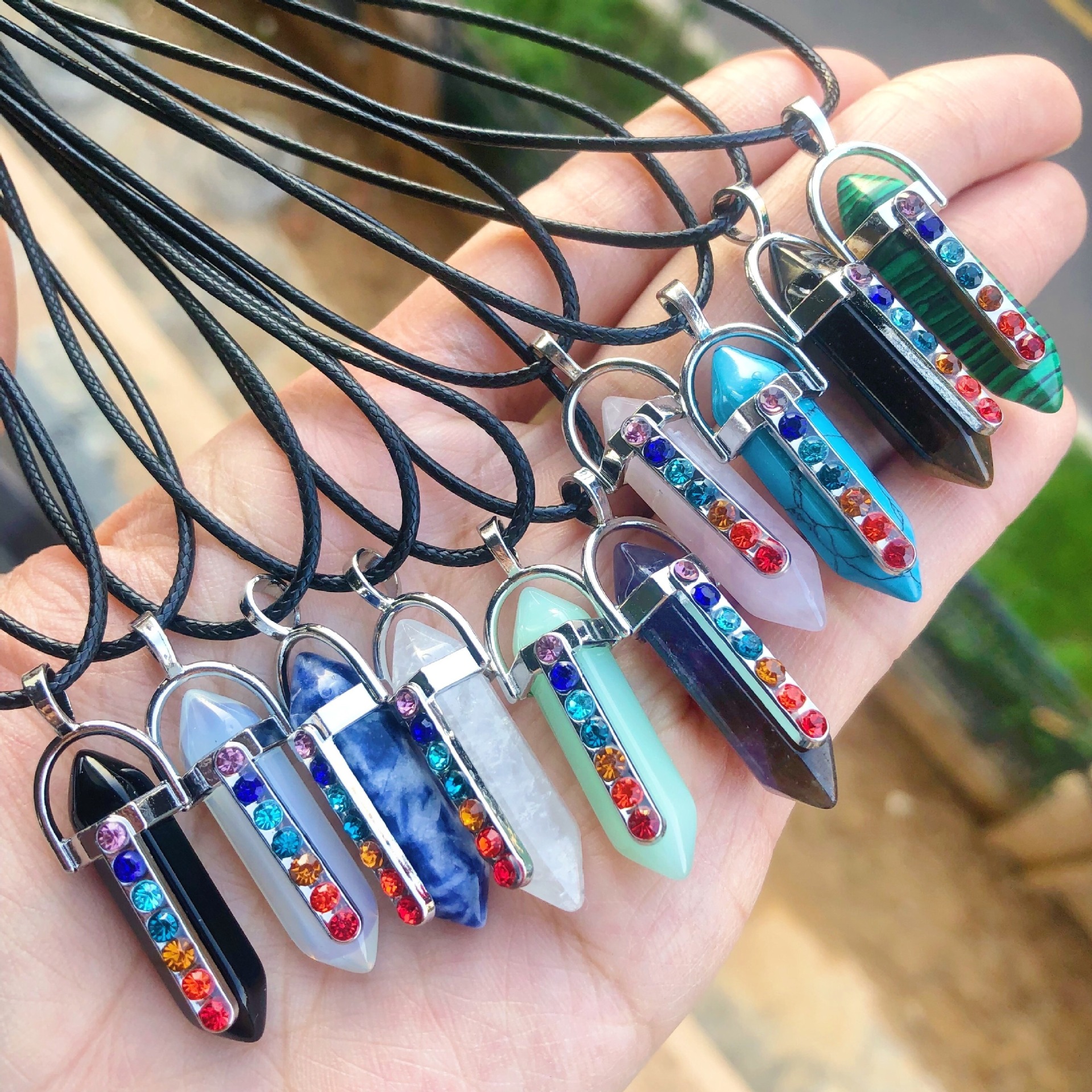 10g Weight Casual Retro Geometric Zircon Natural Stone Leather Rope Wholesale Pendant Necklace