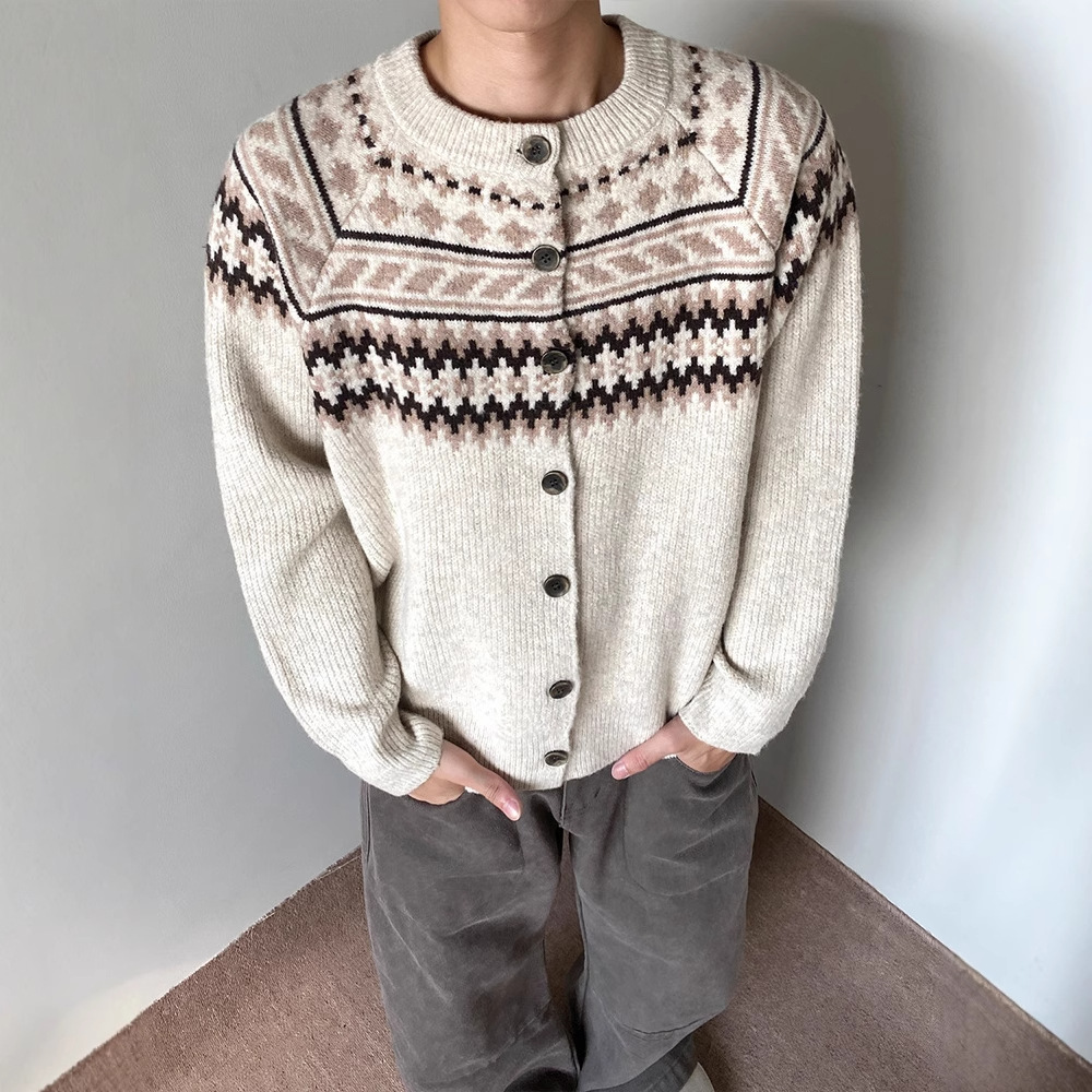 American Fair Isle Cardigan Men's Winter Cleanfit Old Money Style Knitwear High-End Atmosphere Knitwear Jacket