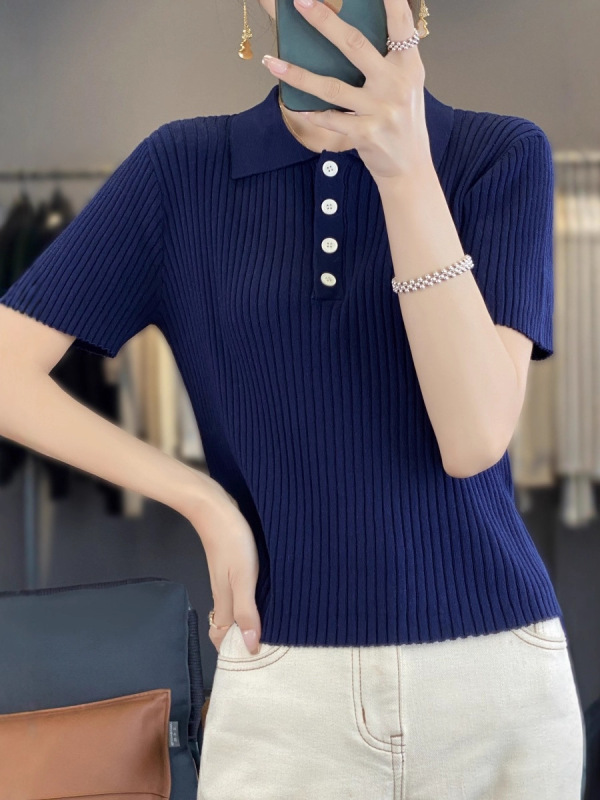 批发夏季上衣女服装t恤polo翻领天丝针织衫薄款显瘦气质百搭短袖|undefined