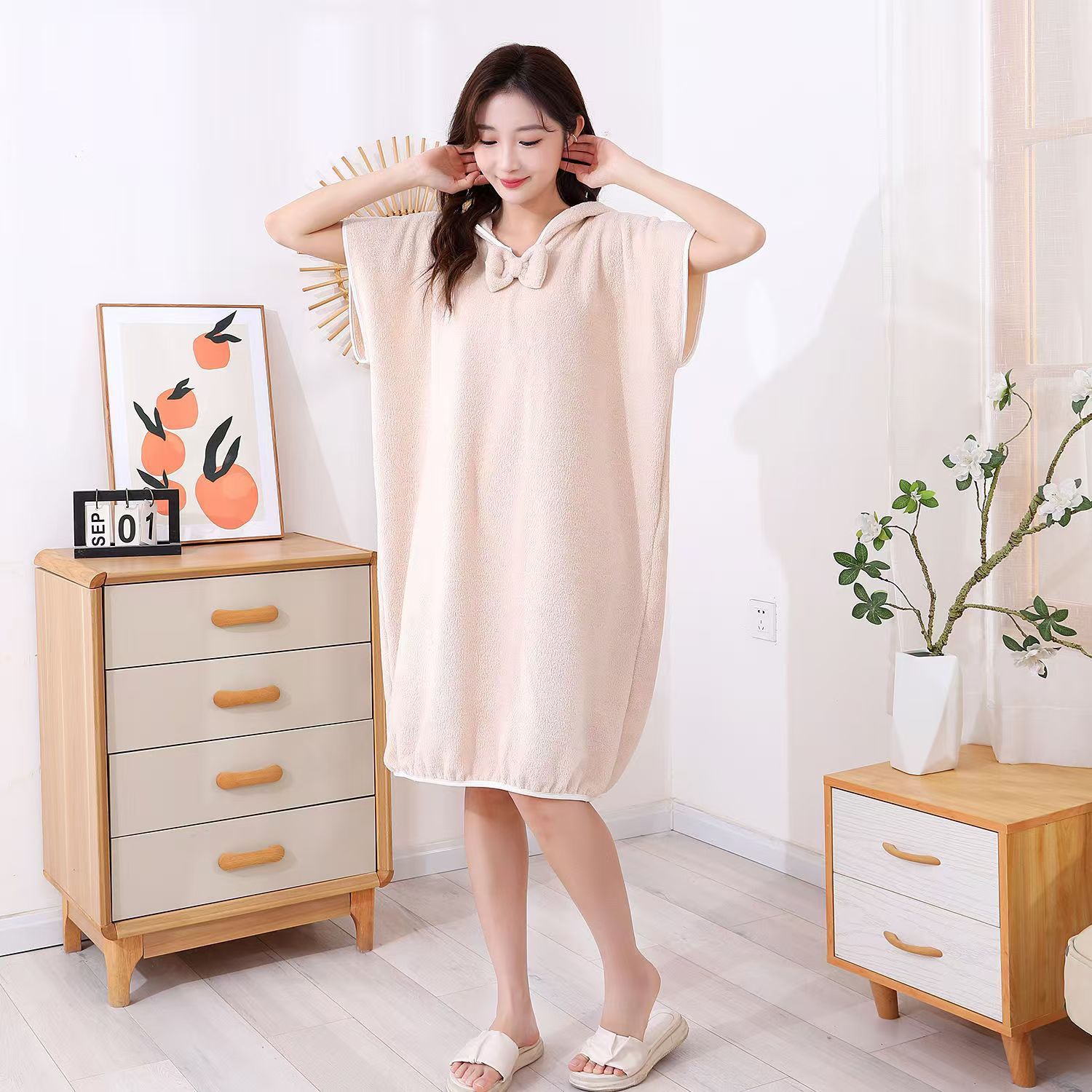 산호 양털 긴 목욕 가운 여성 흡수성 목욕 타월 두꺼운 잠옷 가정 후드 긴 반팔 목욕 원피스 착용
