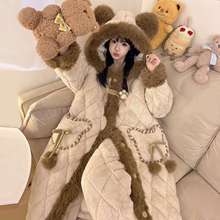 三层夹棉睡衣女冬天款可爱小熊睡袍套装加厚加绒保暖款长袍家居服