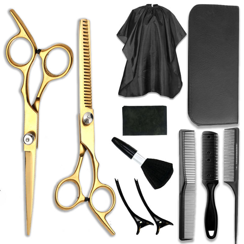 Tijeras de peluquería de acero inoxidable, juego de tijeras de peluquería de oro negro de 6 pulgadas, tijeras planas, tijeras de adelgazamiento, tijeras de corte