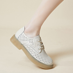 Top Layer Calfskin Pure Leather Perforated Hole Hole Shoes Women Flat Summer New Style Versatile Comfort Soft Sole Round Head Laced Casual Shoes
