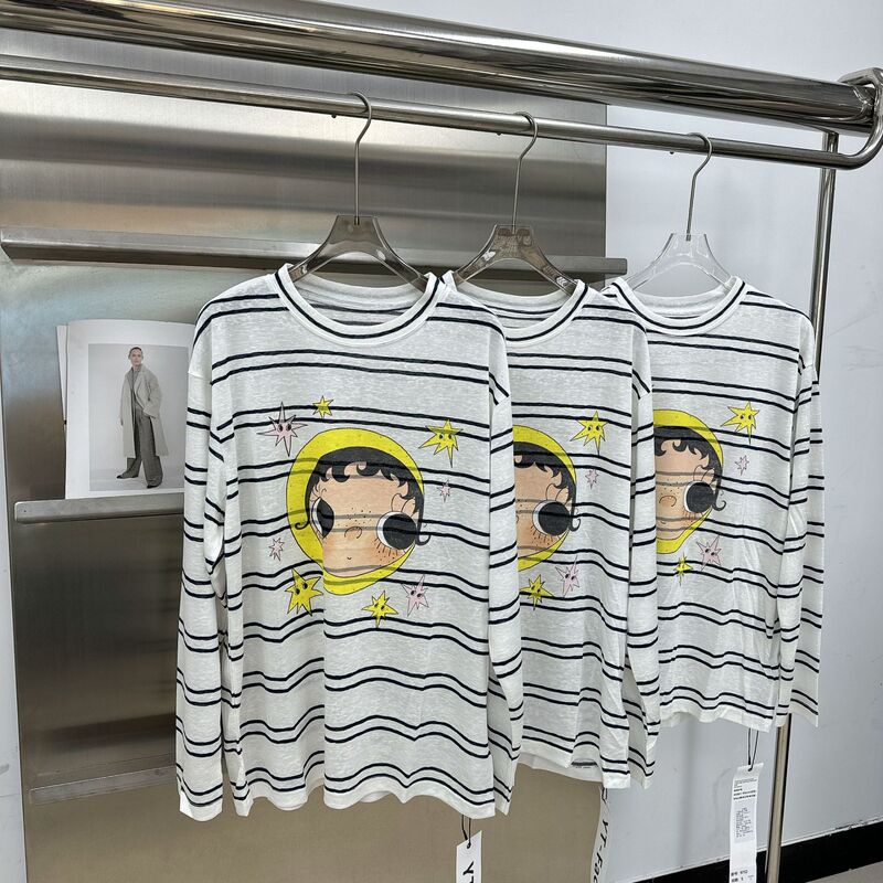Cartoon-style striped long-sleeve T-shirt for women, loose fit, pullover, round neck, Betty Boop print, youthful and casual style top