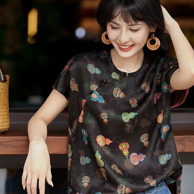 宝葫藏珍东方丝韵葫芦印花国风上衣女夏季新款新中式斜襟盘扣衬衫|undefined