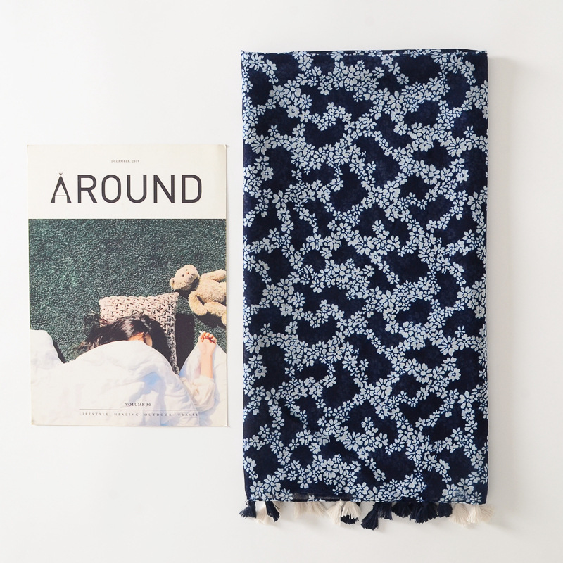 Japonés y coreano artístico todo fósforo algodón y lino sensación bufanda pequeña floral viaje protector solar Toalla de playa al aire libre de doble uso aire acondicionado chal