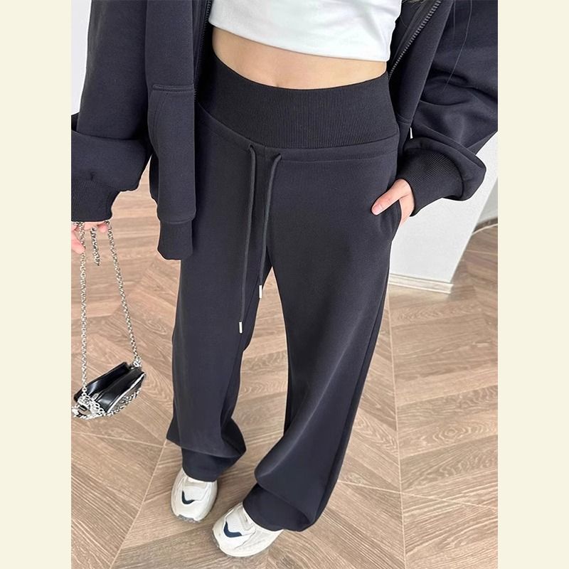 Pantalones de deporte negros de mujer pequeño otoño y invierno nuevo estilo de cintura alta sensación de caída pantalones casuales sueltos pantalones rectos de piernas anchas