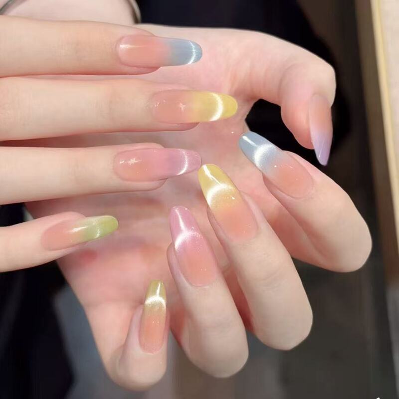 Colorful Cat-Eye Oval Handmade Wearable Nails with Spring Color Gradient, Smile-Enhancing, Skin-Brightening, Detachable Short Style Colorful Cat-Eye Oval Handmade Wearable Nails with Spring Color Gradient, Smile-Enhancing, Skin-Brightening, Detachable Short Style